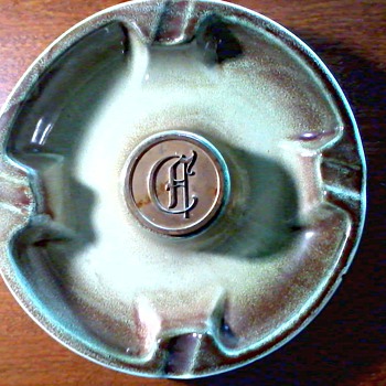 "Hyde Park" Metal Monogram Ashtray /Pale Green and Brown Drip Glaze / Circa 1950 - Pottery
