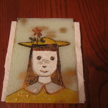 Higgins Mid Century Fused Art Glass Yellow Dress Girl with Flower in her Hat & Orange Dress Girl with a Bird in her Hat  - Art Glass