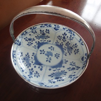 Antique blue bowl with silver handle - Pottery